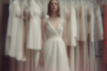 Naklejka premium Defocused abstract background featuring a blurred view of a woman wearing a white dress with hanging garments in soft focus creating a fashion-oriented atmosphere