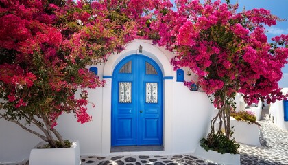 charming blue doorway surrounded by bougainvillea in santorini © Ellen