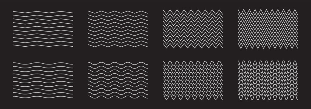 Vector zigzag lines and waves, wavy pattern. Squiggle zig zag frame with wiggle. Curvy undulate parallel borders. Curve sinuous stroke with sine. Design of squiggly seamless water graphic brushes.