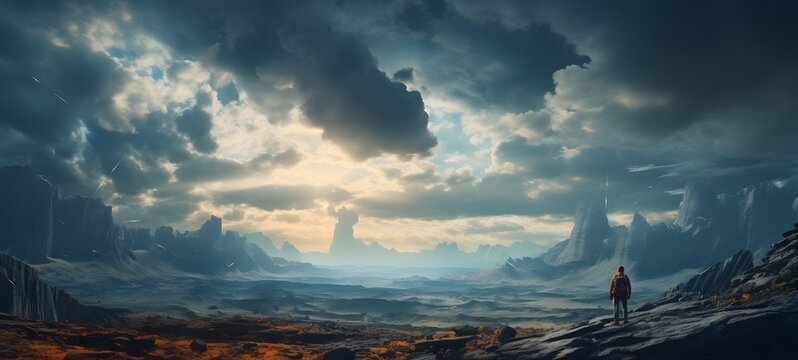 Tiny figures from life Mountain sky ,generative AI