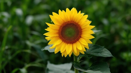 Fototapeta premium A vibrant sunflower with yellow petals stands tall against a lush green blurred background