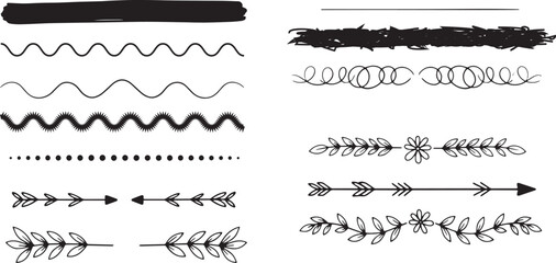 Obraz premium Hand-Drawn Doodle Sketch Line Dividers Vector Set with Wavy Scribbles, Arrows, and Decorative Floral Borders for Creative Graphic Design Elements and Frames.