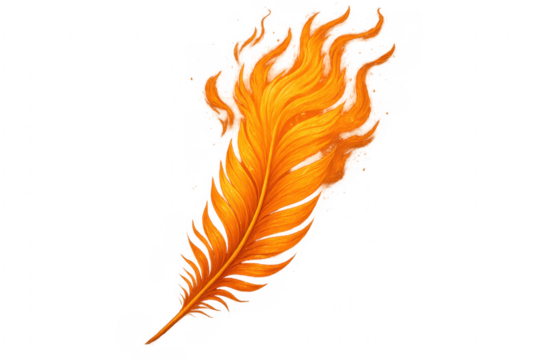 Phoenix feather burning with orange fire flame