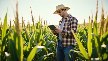 Modern Farmer Using Tablet in Green Cornfield During Daylight