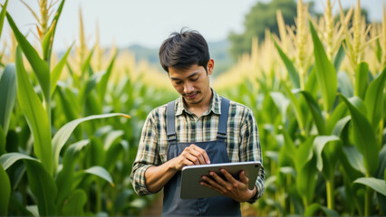 Young Farmer Using Technology in a Corn Field for Smart Farming