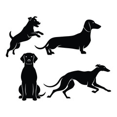 Silhouettes of four different dog breeds posed in dynamic action shots and static stances for design silhouette