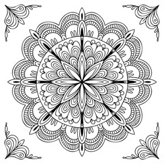 Detailed black and white circular mandala with corner embellishments, isolated on white background
