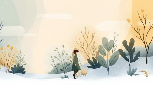 A woman walking in nature. A simple flat illustration, promoting mindfulness and mental wellbeing