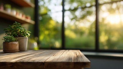 Fototapeta premium Sunlight streams through a window onto a rustic wooden table with potted plants, creating a cozy and natural atmosphere