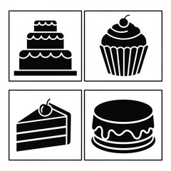 Sweet treats collection four tiered cake cupcake slice cake and round cake icons silhouette