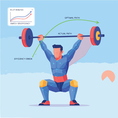 AI Olympic Lifting Snatch Biomechanics and Bar Path Vector Illustration. Lifter Performing Lift with Laser Grid