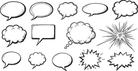 Hand-Drawn Doodle Sketch Comic Bubbles Vector Set for Speech, Thought, Explosions, and Creative Graphic Design Elements and Annotation Art Assets.
