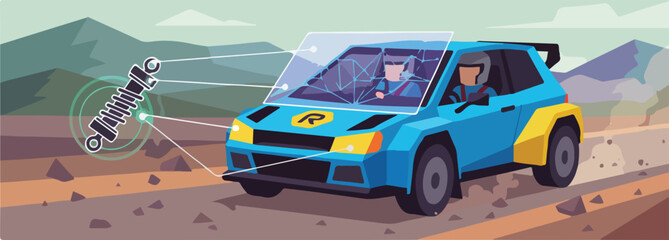 AI Rally Car Dynamic Suspension Adjustment and Terrain Mapping Vector Illustration. Driver On Dirt Track with HUD