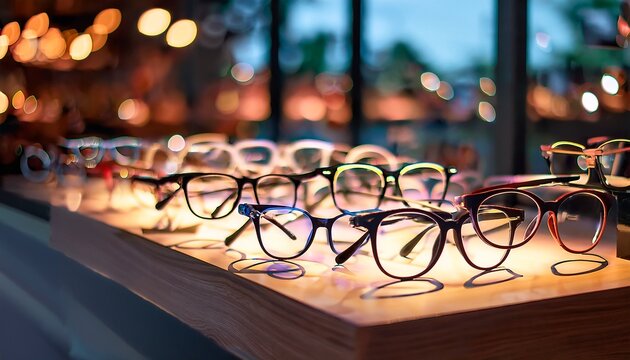 display of various stylish eyeglasses illuminated in soft lighting at a trendy retail location during the evening - Powered by Adobe