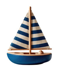 Wooden sailboat toy with blue hull and white striped sail