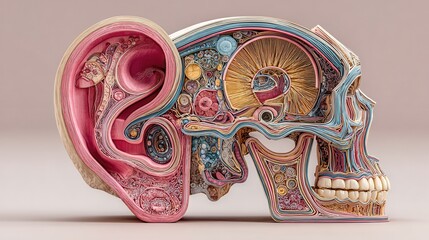 Naklejka premium Detailed crosssectional model of human ear and skull anatomy