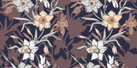 Elegant seamless pattern with realistic hand drawn flowers daffodils narcissus on brown. Floral elements on earthy colors background. Vector Illustration for textile, fabric, wallpaper, packaging.