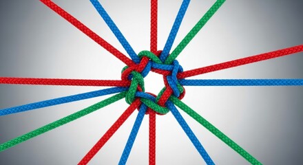 Stunning teamwork concept using vibrant red, blue, and green ropes interwoven to symbolize unity, connection, and collaboration in business and life