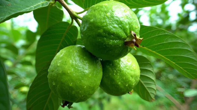 Close Up View of Green Guava Fruits Hanging From Branch