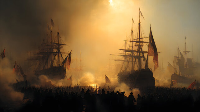 Epic 18th century naval battle at sea with warships and soldiers in dramatic foggy atmosphere