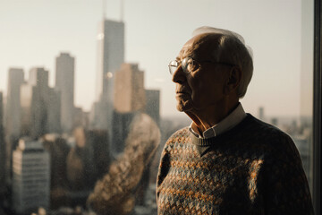 Older man with glasses gazing through window at city