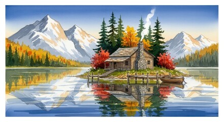 Fototapeta premium Serene mountain lake cabin amidst autumn foliage and majestic peaks reflection