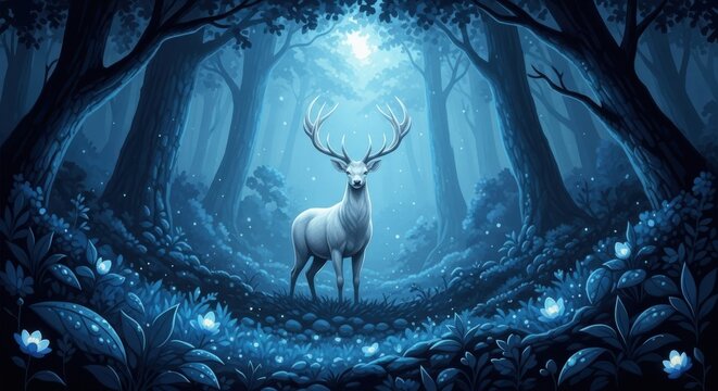 Majestic stag illuminated in mystical enchanted forest glowing with ethereal blue light
