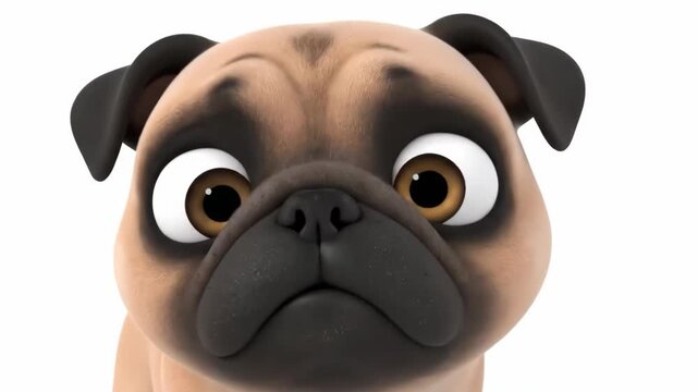 Cartoon pug with sad expression closeup against a clean with white background.
