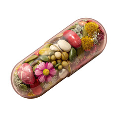 Capsule filled with colorful fruits, vegetables, and flowers