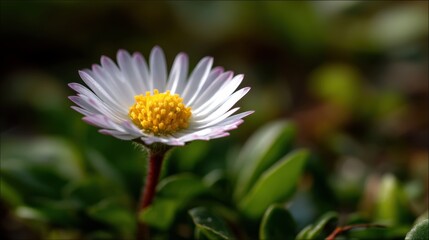 Obraz premium A close-up of a single daisy flower with white petals and a yellow center, surrounded by green leaves in a natural outdoor setting