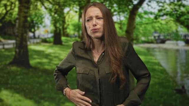 Young hispanic woman clutching stomach with pained expression in forest beside a pond and leafy trees on grass; discomfort.