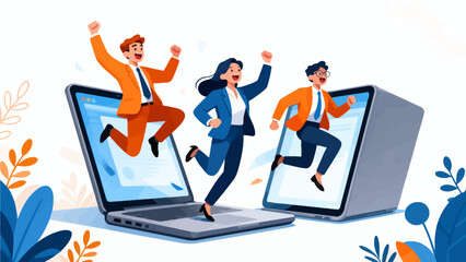 Business people jumping from laptops