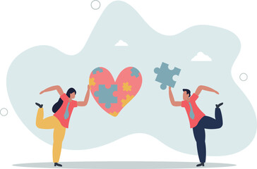 Charity project, non profit organization .Cartoon tiny volunteers fit puzzles into heart.life and employment of people.