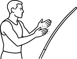 Black and white outline of a pole vaulter chalking hands, minimal vector illustration perfect for athletics, sports posters, and track and field design