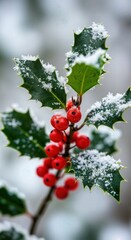 Vibrant Christmas Holly Branch with Red Berries Dusted in Fresh White Snow