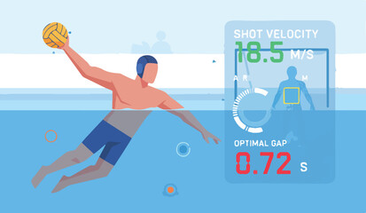 AI Water Polo Shot Velocity and Goalkeeper Prediction Vector Illustration. Player Training with Sensor Data