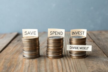 Stacks of coins with Save Spend and Invest labels