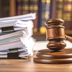 Legal documents and gavel on wooden desk
