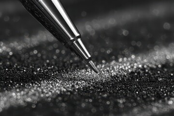 Macro shot of a metal nozzle extruding onto a glitter surface