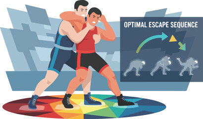 AI Wrestling Submission Defense and Counter-Movement Analysis Vector Illustration. Grapplers Training with Smart Mats