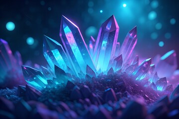 Vibrant glowing amethyst and cyan crystal cluster with magical sparkling light particles