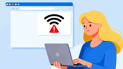 Woman using laptop with network error