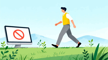 Man walking away from computer with prohibition sign