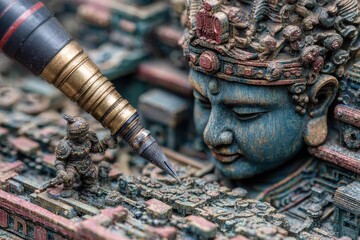 Macro shot of a tattoo machine near a detailed buddha statue