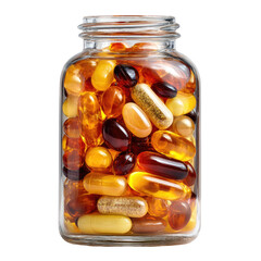 Clear glass jar filled with various colored pills and capsules