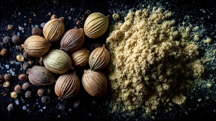 Whole and ground coriander seeds arranged in diptych composition