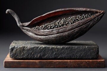 Vanilla Bean Pod with Seeds on Stone Surface Closeup