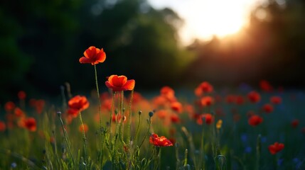 Vibrant red poppies bloom in a sunlit meadow with a soft, dreamy background and warm evening light