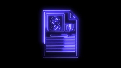Glowing neon cv resume icon animation on black background for job applications and careers
