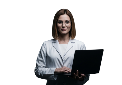 A woman wearing glasses and a white lab coat holds a laptop and looks directly at the camera, isolated on transparent background
